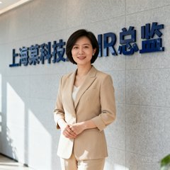上海某科技企业HR总监林女士的职业半身照，她留着干练短发，穿着米色职业套装，站在公司logo墙前