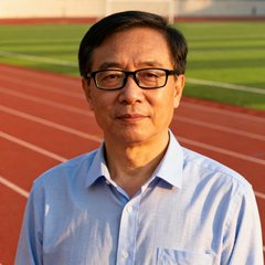 武汉体育学院体育教研部主任王教授的学者形象照，他戴着眼镜，穿着浅色衬衫，身后是学院运动场